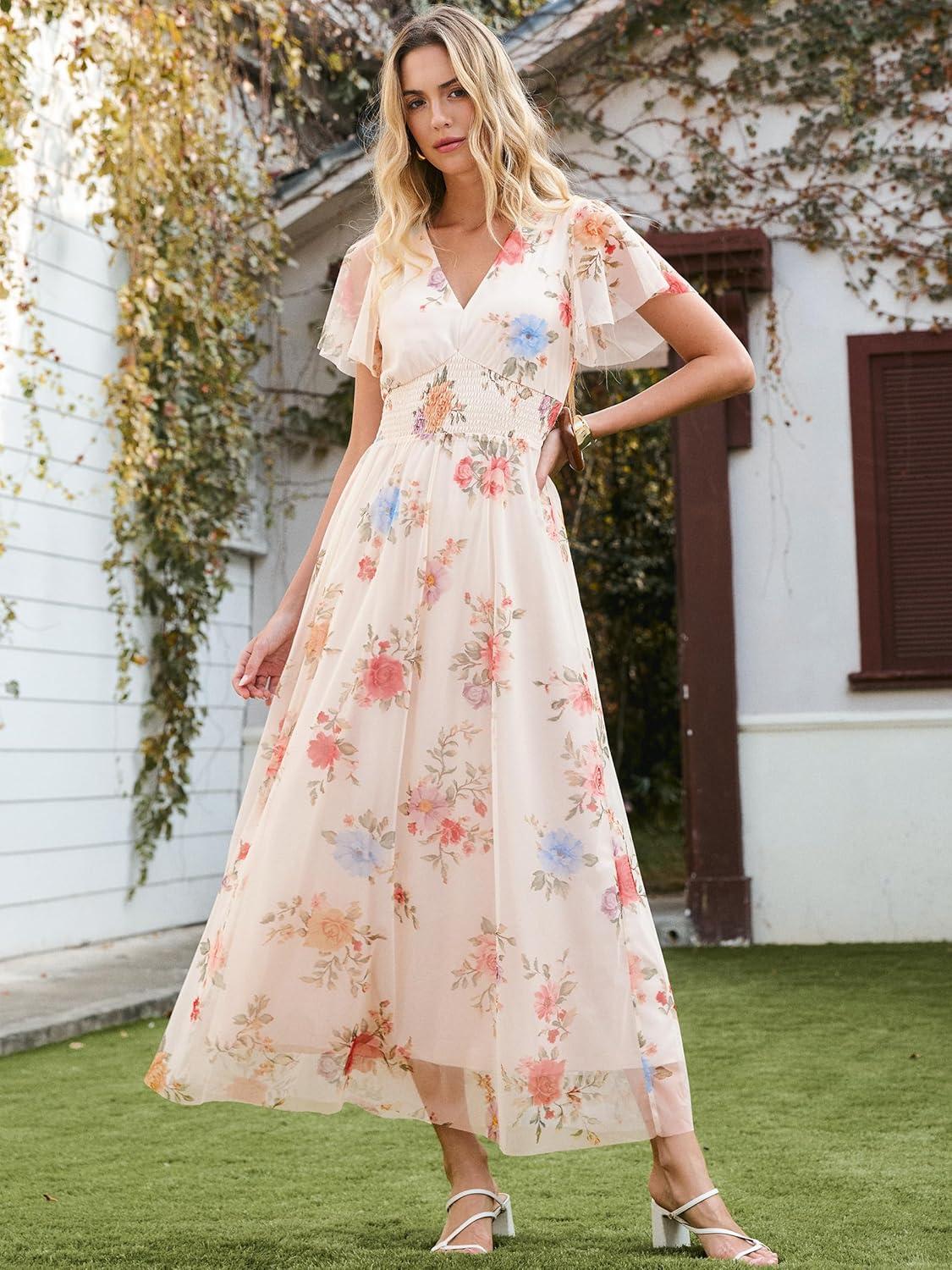 imageANRABESS Women Summer Floral Maxi Dress Short Sleeve Boho Flowy Tulle Beach Vacation Wedding Guest 2026 Party Long DressesMulticolored Rose Apricot