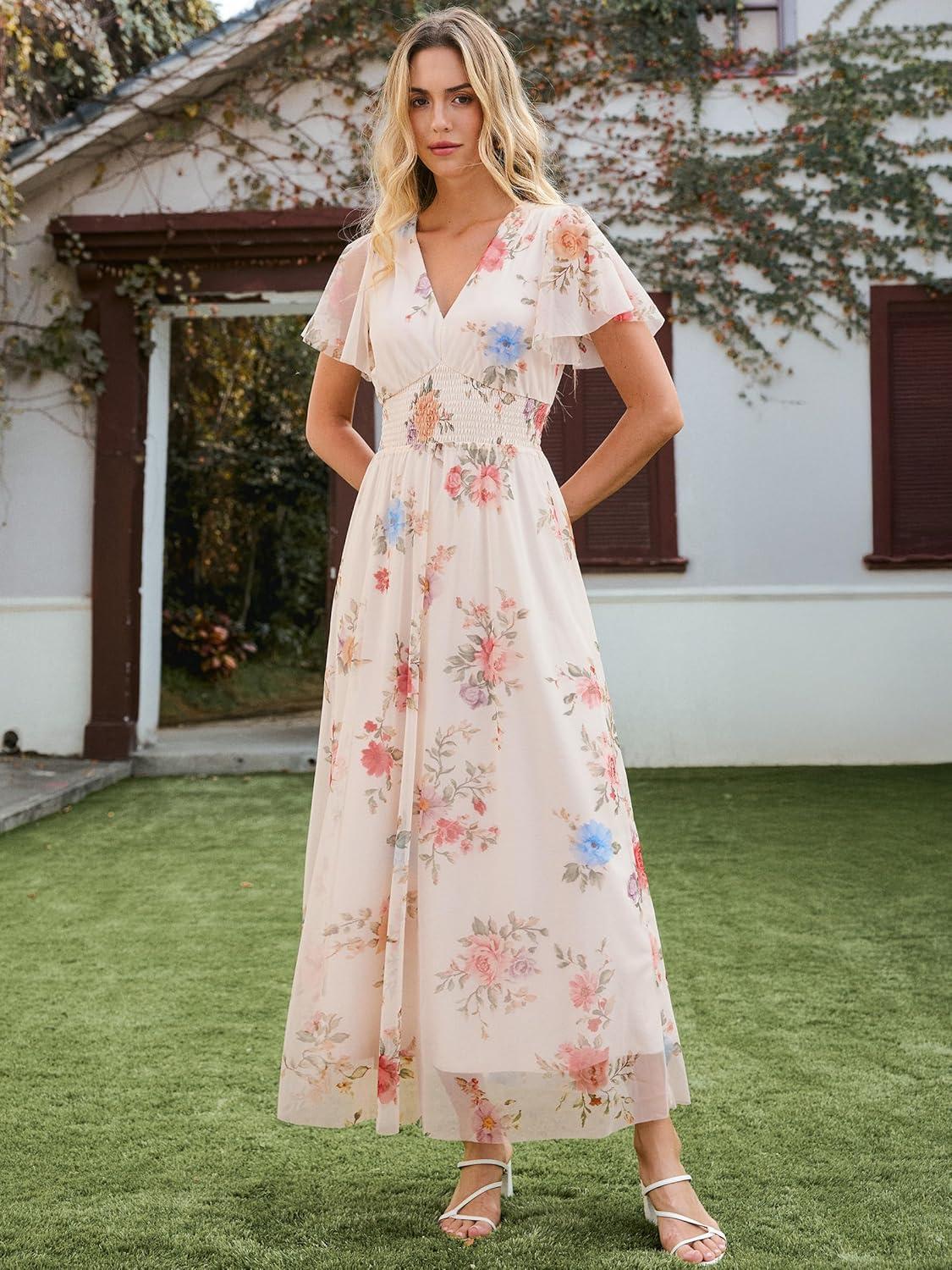 imageANRABESS Women Summer Floral Maxi Dress Short Sleeve Boho Flowy Tulle Beach Vacation Wedding Guest 2026 Party Long DressesMulticolored Rose Apricot