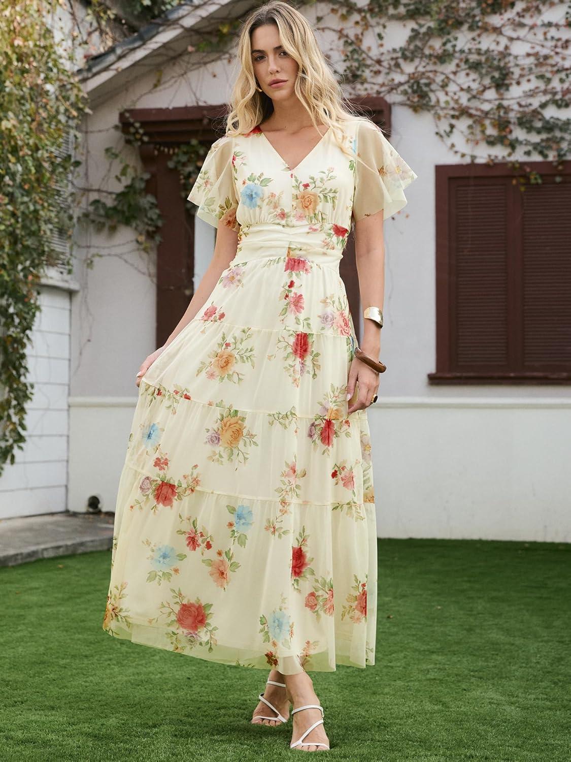 imageANRABESS Womens Summer Floral Maxi Dress Short Sleeve Flowy Tulle Wedding Guest Beach Vacation 2026 Spring Party Long DressesMulticolored Rose Apricot