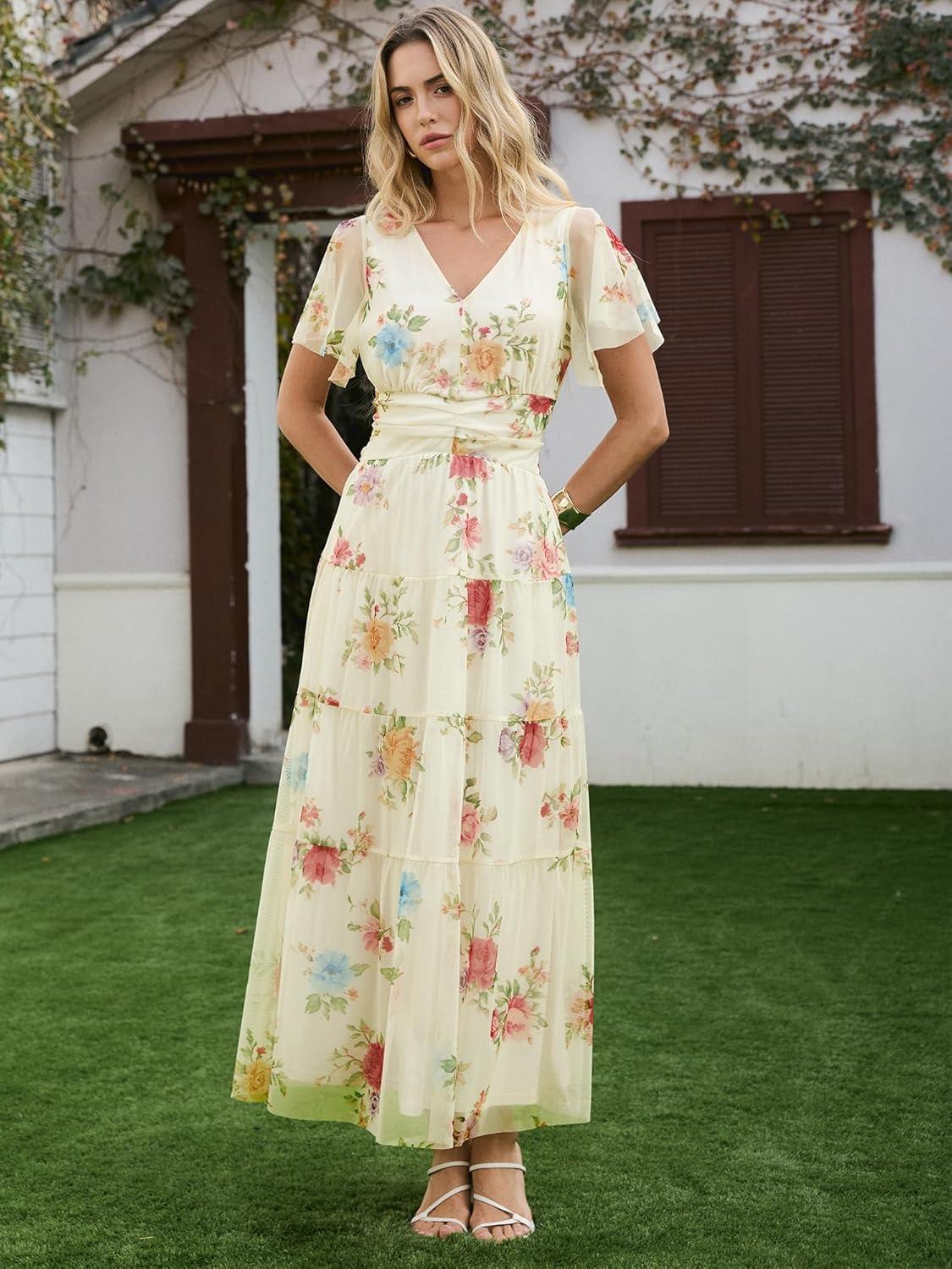 imageANRABESS Womens Summer Floral Maxi Dress Short Sleeve Flowy Tulle Wedding Guest Beach Vacation 2026 Spring Party Long DressesMulticolored Rose Apricot