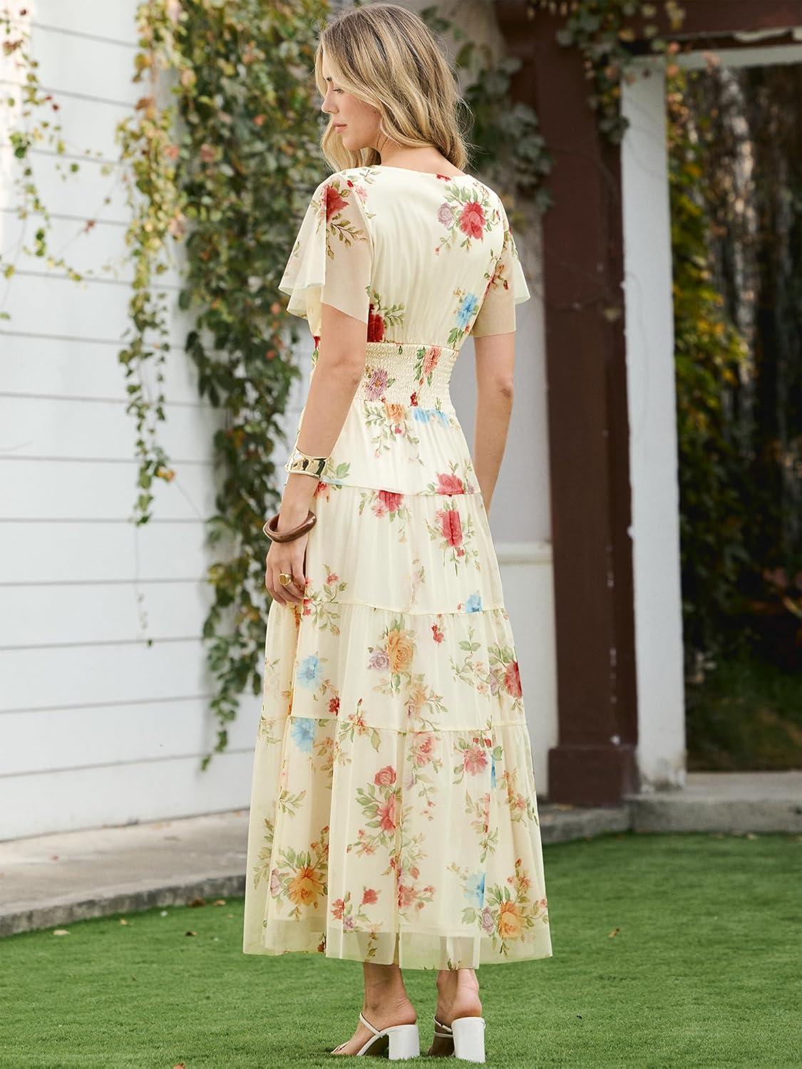 imageANRABESS Womens Summer Floral Maxi Dress Short Sleeve Flowy Tulle Wedding Guest Beach Vacation 2026 Spring Party Long DressesMulticolored Rose Apricot