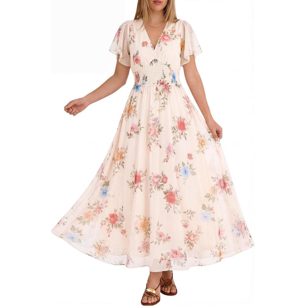 imageANRABESS Women Summer Floral Maxi Dress Short Sleeve Boho Flowy Tulle Beach Vacation Wedding Guest 2026 Party Long DressesMulticolored Rose Apricot