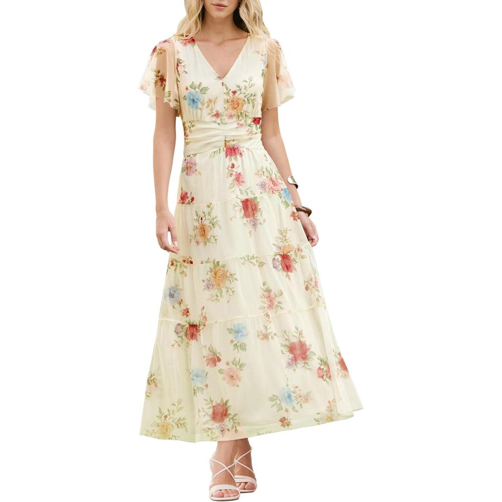 imageANRABESS Womens Summer Floral Maxi Dress Short Sleeve Flowy Tulle Wedding Guest Beach Vacation 2026 Spring Party Long DressesMulticolored Rose Apricot