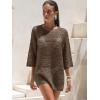 imageANRABESS Women 34 Sleeve Swimsuit Cover Up 2026 Summer Beach Vacation Clothes Crochet Knit Bathing Suit Swimwear Mini DressDeep Brown