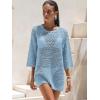 imageANRABESS Women 34 Sleeve Swimsuit Cover Up 2026 Summer Beach Vacation Clothes Crochet Knit Bathing Suit Swimwear Mini DressSky Blue