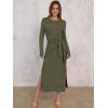 imageANRABESS Womens 2026 Spring Long Sleeve Maxi Dress Crewneck Tie Waist Slit Casual Long T Shirt Dresses Winter Trendy OutfitsArmy Green