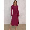 imageANRABESS Womens 2026 Spring Long Sleeve Maxi Dress Crewneck Tie Waist Slit Casual Long T Shirt Dresses Winter Trendy OutfitsBurgundy