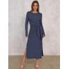 imageANRABESS Womens 2026 Spring Long Sleeve Maxi Dress Crewneck Tie Waist Slit Casual Long T Shirt Dresses Winter Trendy OutfitsDark Blue