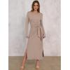 imageANRABESS Womens 2026 Spring Long Sleeve Maxi Dress Crewneck Tie Waist Slit Casual Long T Shirt Dresses Winter Trendy OutfitsKhaki