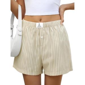 imageANRABESS Boxer Shorts for Women Gingham Pajama 2026 Summer Casual Lounge Sleep Plaid Shorts Y2K Beach BottomsApricot White Wide Stripe