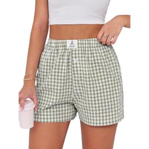 imageANRABESS Boxer Shorts for Women Gingham Pajama 2026 Summer Casual Lounge Sleep Plaid Shorts Y2K Beach BottomsArmy Green White Plaid