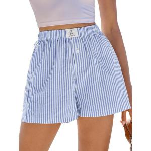 imageANRABESS Boxer Shorts for Women Gingham Pajama 2026 Summer Casual Lounge Sleep Plaid Shorts Y2K Beach BottomsBlue White Stripe
