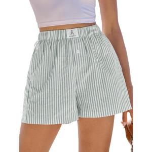 imageANRABESS Boxer Shorts for Women Gingham Pajama 2026 Summer Casual Lounge Sleep Plaid Shorts Y2K Beach BottomsGreen White Stripe