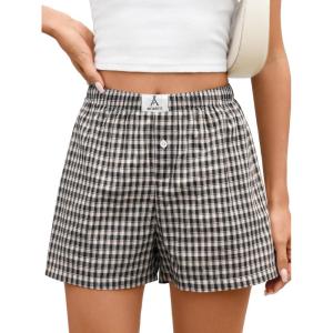 imageANRABESS Boxer Shorts for Women Gingham Pajama 2026 Summer Casual Lounge Sleep Plaid Shorts Y2K Beach BottomsMulti Black Apricot Plaid