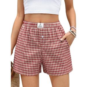 imageANRABESS Boxer Shorts for Women Gingham Pajama 2026 Summer Casual Lounge Sleep Plaid Shorts Y2K Beach BottomsMulti Red Apricot Plaid