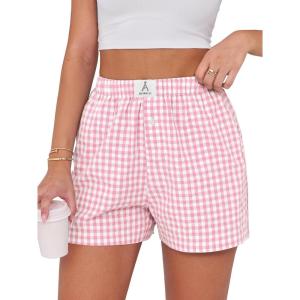 imageANRABESS Boxer Shorts for Women Gingham Pajama 2026 Summer Casual Lounge Sleep Plaid Shorts Y2K Beach BottomsPink White Plaid