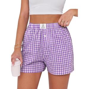 imageANRABESS Boxer Shorts for Women Gingham Pajama 2026 Summer Casual Lounge Sleep Plaid Shorts Y2K Beach BottomsPurple White Plaid