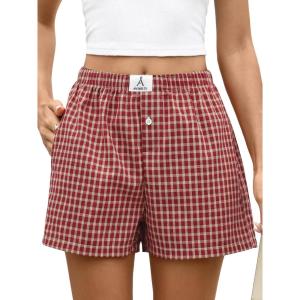 imageANRABESS Boxer Shorts for Women Gingham Pajama 2026 Summer Casual Lounge Sleep Plaid Shorts Y2K Beach BottomsRed Khaki Plaid