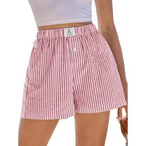 imageANRABESS Boxer Shorts for Women Gingham Pajama 2026 Summer Casual Lounge Sleep Plaid Shorts Y2K Beach BottomsRed White Stripe