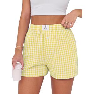 imageANRABESS Boxer Shorts for Women Gingham Pajama 2026 Summer Casual Lounge Sleep Plaid Shorts Y2K Beach BottomsYellow White Plaid