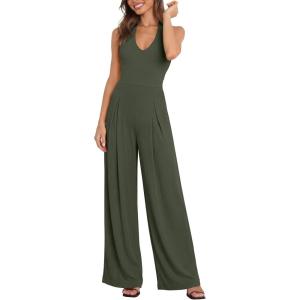 imageANRABESS Jumpsuits for Women Summer Halter V Neck Backless Wide Leg Flowy Rib Causal Dressy Rompers 2026 One Piece OutfitsArmy Green