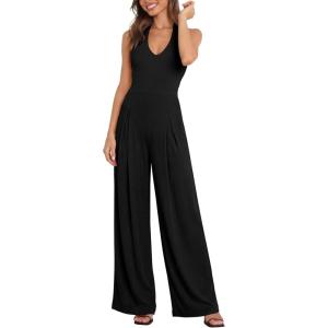 imageANRABESS Jumpsuits for Women Summer Halter V Neck Backless Wide Leg Flowy Rib Causal Dressy Rompers 2026 One Piece OutfitsBlack
