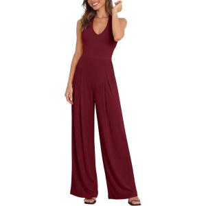 imageANRABESS Jumpsuits for Women Summer Halter V Neck Backless Wide Leg Flowy Rib Causal Dressy Rompers 2026 One Piece OutfitsBurgundy Red