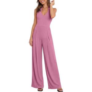 imageANRABESS Jumpsuits for Women Summer Halter V Neck Backless Wide Leg Flowy Rib Causal Dressy Rompers 2026 One Piece OutfitsPink
