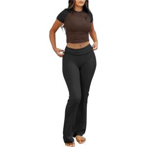 imageANRABESS Lounge Sets for Women 2 Piece Foldover Yoga Flare Leggings Pants Crop Tops Casual Y2K Outfits Matching Tracksuit SetBrown Black