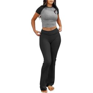 imageANRABESS Lounge Sets for Women 2 Piece Foldover Yoga Flare Leggings Pants Crop Tops Casual Y2K Outfits Matching Tracksuit SetGrey Black