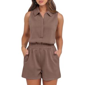 imageANRABESS Romper for Womens 2026 Summer Dressy Casual Sleeveless V Neck One Piece Short Jumpsuit Lounge Travel Outfits ClothesLight Brown