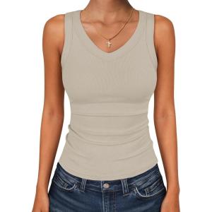 imageANRABESS Tank Tops for Women V Neck Ribbed Knit Slim Fitted Sleeveless Basic Tee Tanks Casual Summer Clothes 2026Almond