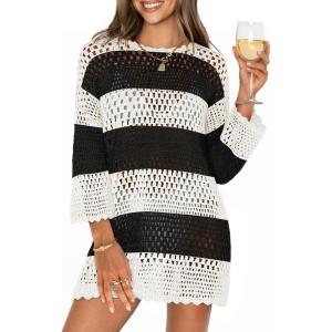 imageANRABESS Women 34 Sleeve Swimsuit Cover Up 2026 Summer Beach Vacation Clothes Crochet Knit Bathing Suit Swimwear Mini DressBlack White Stripe