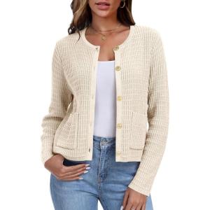 imageANRABESS Women Cardigan Sweater Dressy Casual Classic Long Sleeve Crew Neck Button Down Tweed Knit Jacket 2026 Fall Outfits Beige S