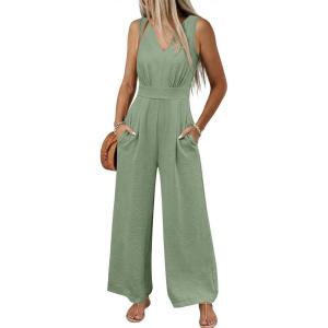 imageANRABESS Women Jumpsuits 2026 Casual Sleeveless V Neck Wide Leg Jumper Romper Beach Vacation Clothes Summer One Piece OutfitsLight Green