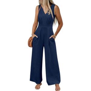 imageANRABESS Women Jumpsuits 2026 Casual Sleeveless V Neck Wide Leg Jumper Romper Beach Vacation Clothes Summer One Piece OutfitsNavy Blue