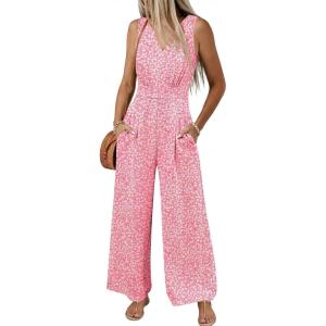 imageANRABESS Women Jumpsuits 2026 Casual Sleeveless V Neck Wide Leg Jumper Romper Beach Vacation Clothes Summer One Piece OutfitsPink White Floral