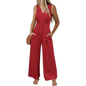 imageANRABESS Women Jumpsuits 2026 Casual Sleeveless V Neck Wide Leg Jumper Romper Beach Vacation Clothes Summer One Piece OutfitsRed