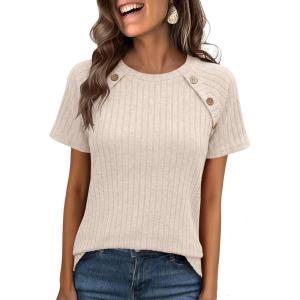 imageANRABESS Women Short Sleeve Tops Summer Sweater 2026 Dressy Shirts Business Casual Tunic Blouses Trendy Work ClothesLight Khaki