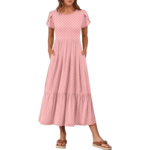 imageANRABESS Women Summer Casual Short Sleeve Maxi Dresses A Line Flowy T Shirt Dress 2026 Beach Vacation Sundress with PocketsPink Round Dot