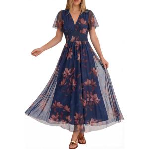 imageANRABESS Women Summer Floral Maxi Dress Short Sleeve Boho Flowy Tulle Beach Vacation Wedding Guest 2026 Party Long DressesBrown Floral Dark Blue