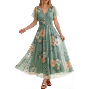imageANRABESS Women Summer Floral Maxi Dress Short Sleeve Boho Flowy Tulle Beach Vacation Wedding Guest 2026 Party Long DressesDusty Olive Floral