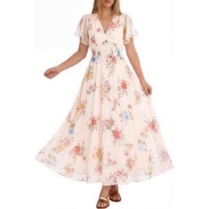 imageANRABESS Women Summer Floral Maxi Dress Short Sleeve Boho Flowy Tulle Beach Vacation Wedding Guest 2026 Party Long DressesMulticolored Rose Apricot