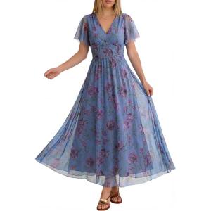 imageANRABESS Women Summer Floral Maxi Dress Short Sleeve Boho Flowy Tulle Beach Vacation Wedding Guest 2026 Party Long DressesPurple Floral Blue