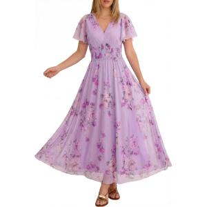 imageANRABESS Women Summer Floral Maxi Dress Short Sleeve Boho Flowy Tulle Beach Vacation Wedding Guest 2026 Party Long DressesPurple Rose