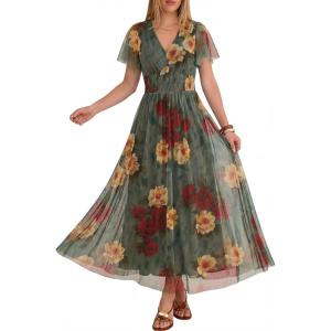 imageANRABESS Women Summer Floral Maxi Dress Short Sleeve Boho Flowy Tulle Beach Vacation Wedding Guest 2026 Party Long DressesRed and Yellow Rose