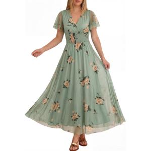 imageANRABESS Women Summer Floral Maxi Dress Short Sleeve Boho Flowy Tulle Beach Vacation Wedding Guest 2026 Party Long DressesYellow Floral Green
