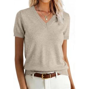 imageANRABESS Women Wool Blend Sweater Summer 2026 Short Sleeve V Neck Pullover Top Business Casual Outfit Beach Vacation ClothesAlmond