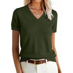 imageANRABESS Women Wool Blend Sweater Summer 2026 Short Sleeve V Neck Pullover Top Business Casual Outfit Beach Vacation ClothesArmy Green