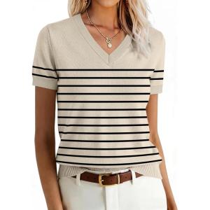 imageANRABESS Women Wool Blend Sweater Summer 2026 Short Sleeve V Neck Pullover Top Business Casual Outfit Beach Vacation ClothesBeige Black Stripe